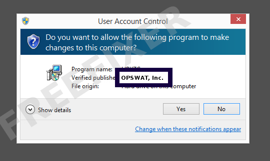 Screenshot where OPSWAT, Inc. appears as the verified publisher in the UAC dialog